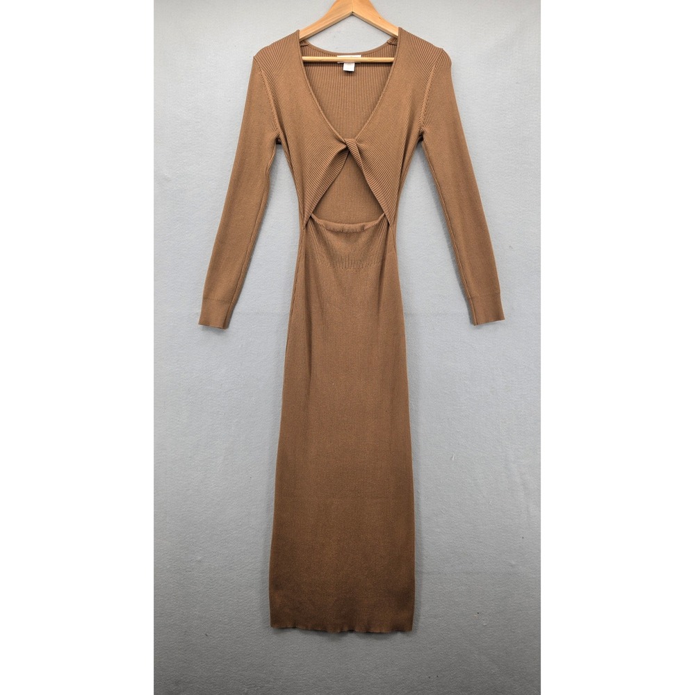 House of Harlow 1960 Brown Ribbed Twist Front Cutout Maxi Dress Small L/S